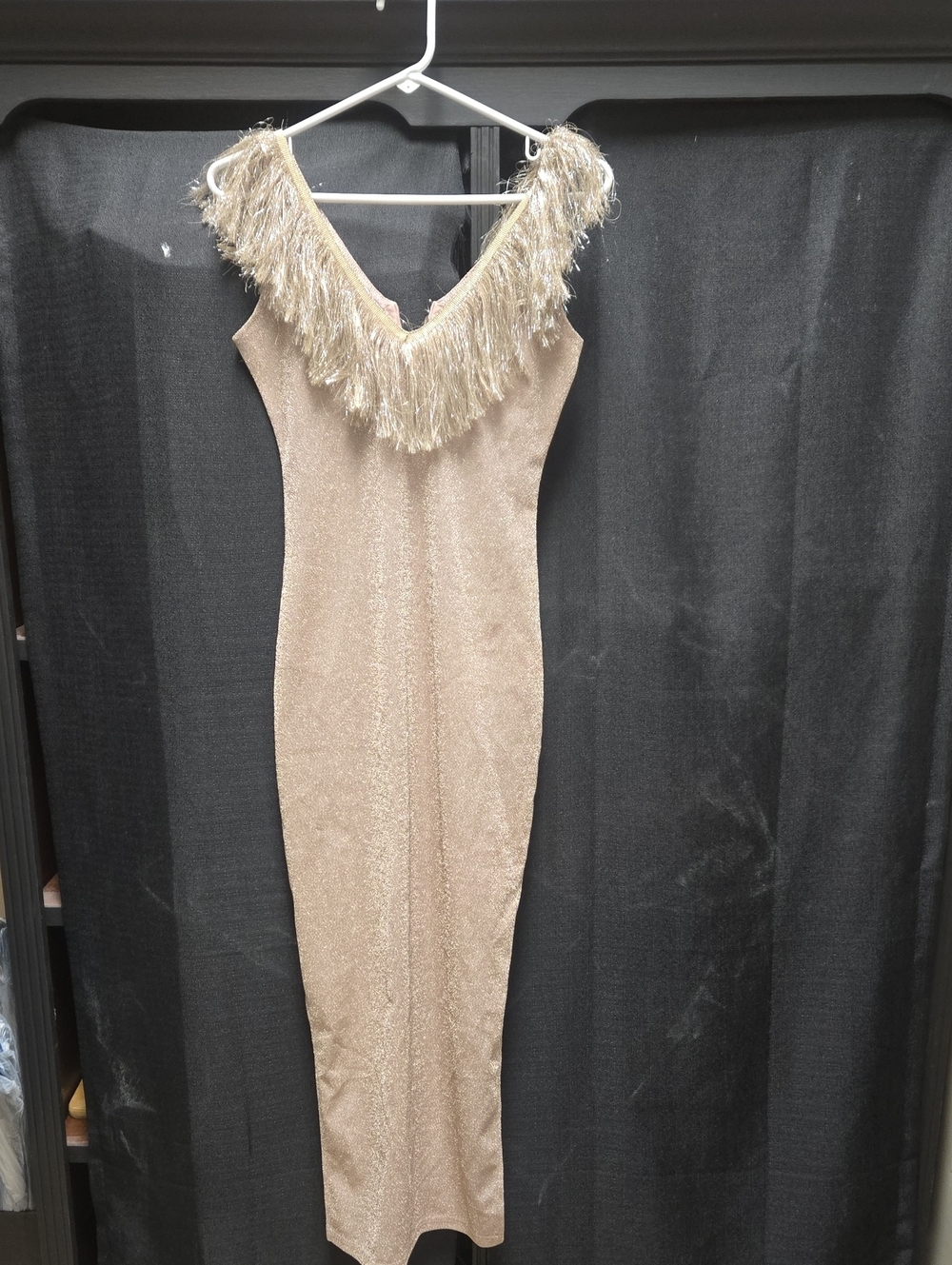 Gold Fringe V-Neck Evening Dress